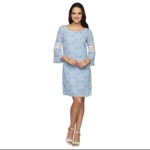 Luxology Blue & White Printed Bell-Sleeve Shift Dress